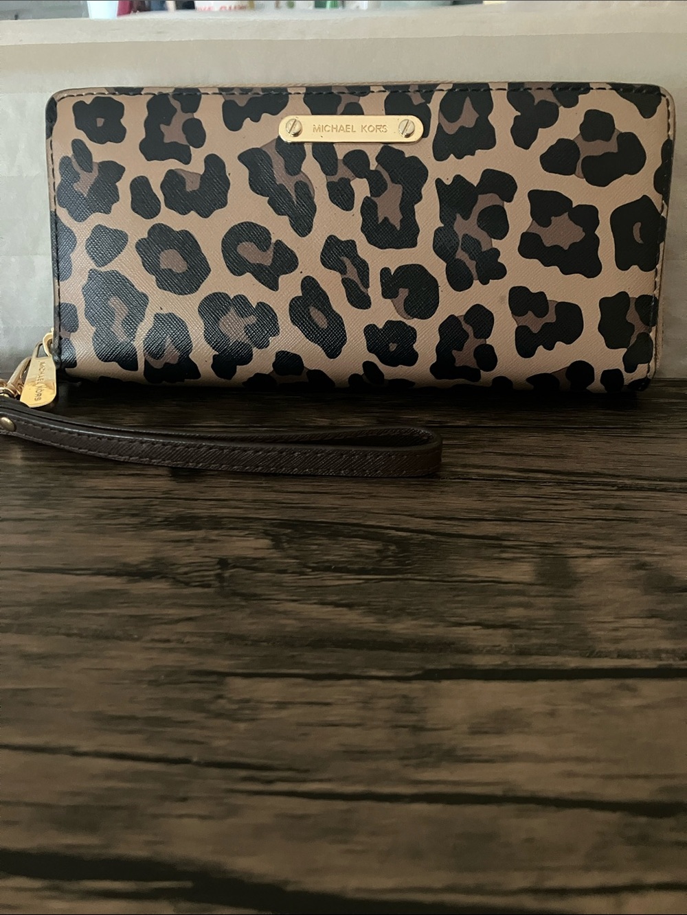 Michael Kors Leopard Print Wristlet in Tan and Black with Gold Hardware